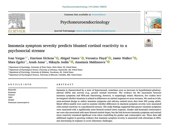 Scientific paper title "Insomnia symptom severity predicts blunted cortisol reactivity to a psychosocial stressor."
