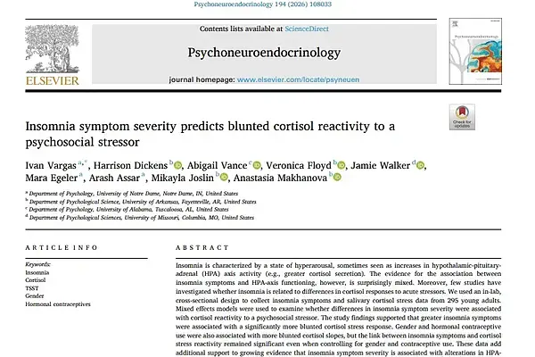 Scientific paper title "Insomnia symptom severity predicts blunted cortisol reactivity to a psychosocial stressor."